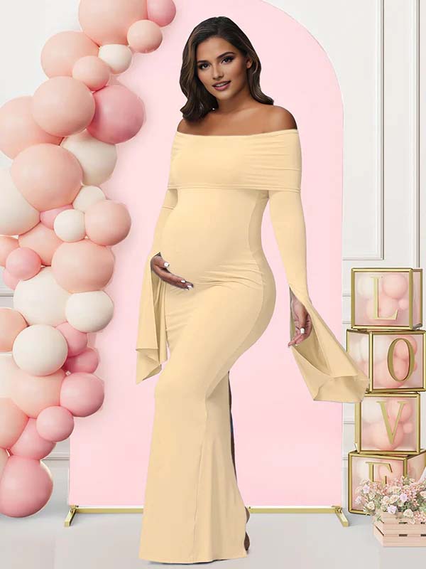 fotobeyou Off Shoulder Flutter Sleeve Maternity Baby Shower Maxi Dress