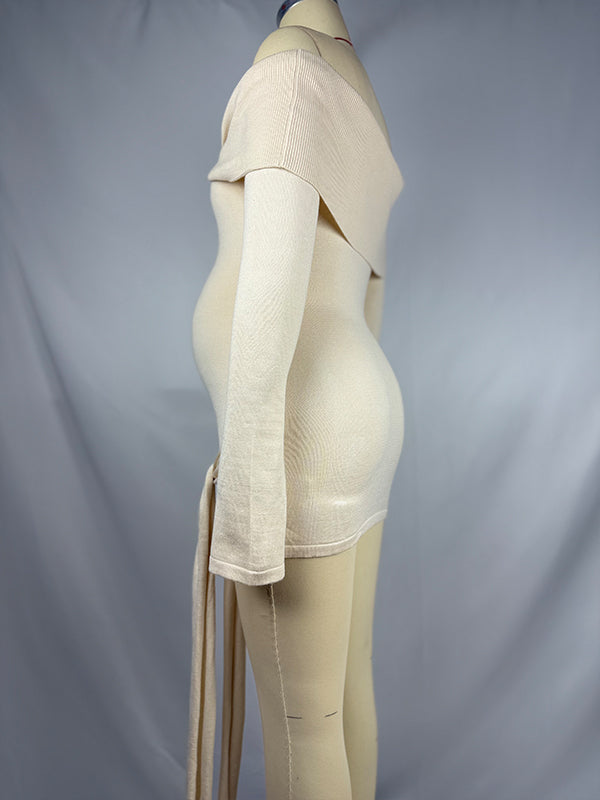 fotobeyou Ivory White Off Shoulder Draped Wrap Flare Sleeve Bodycon Elegant Going Out Daily Maternity Photoshoot Baby Shower Mini Dress