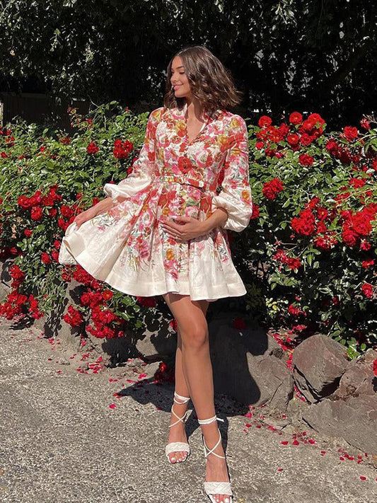 fotobeyou Floral Single Breasted Belt A-line Lantern Sleeve Elegant Maternity Baby Shower Mini Dress