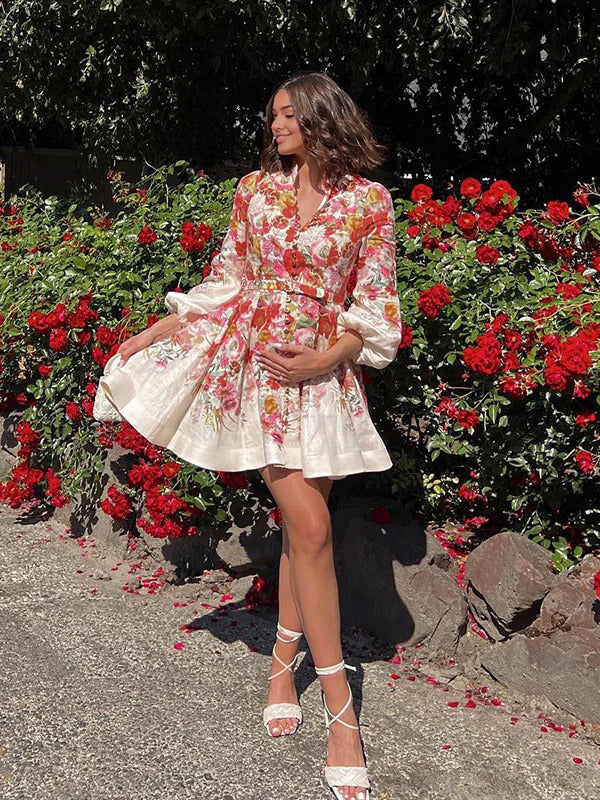 fotobeyou Floral Single Breasted Belt A-line Lantern Sleeve Elegant Maternity Baby Shower Mini Dress