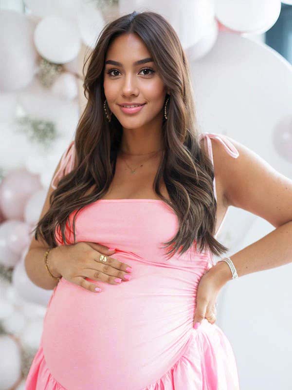 fotobeyou Solid Color Ruched Knotted Adjustable Strap Pockets Big Swing Drop-Waist Puffball Elegant Cocktail Party Gown Maternity Photoshoot Baby Shower Maxi Dress