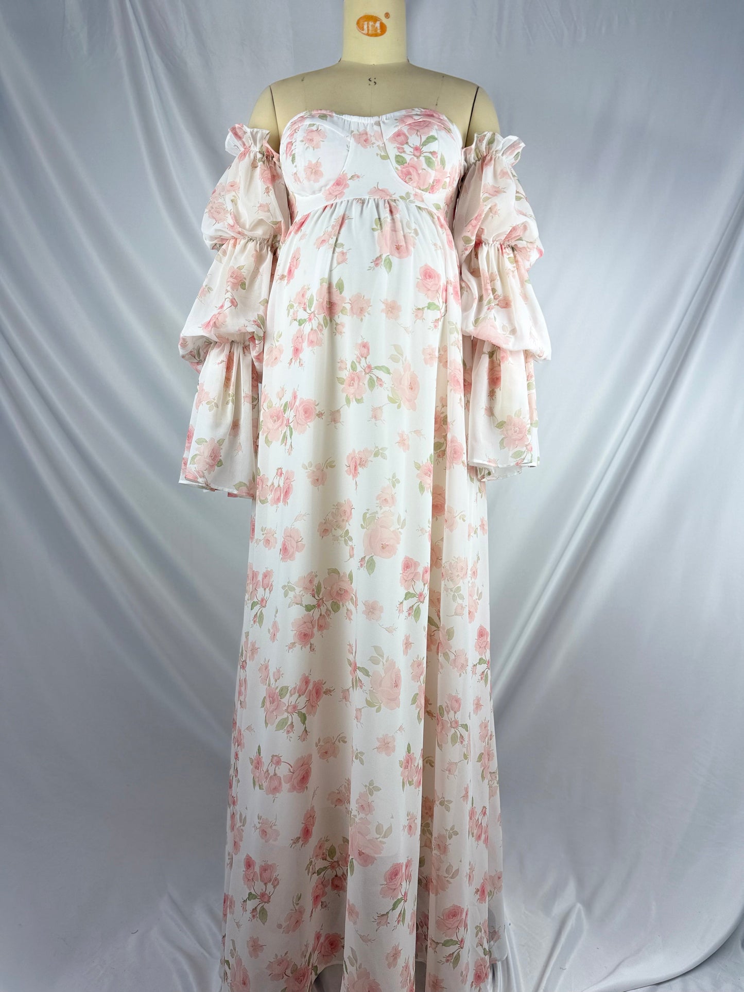fotobeyou White Floral Off Shoulder Ruffle Big Swing Trailing Tail Elegant Dreamy Maternity Baby Shower Photoshoot Maxi Dress