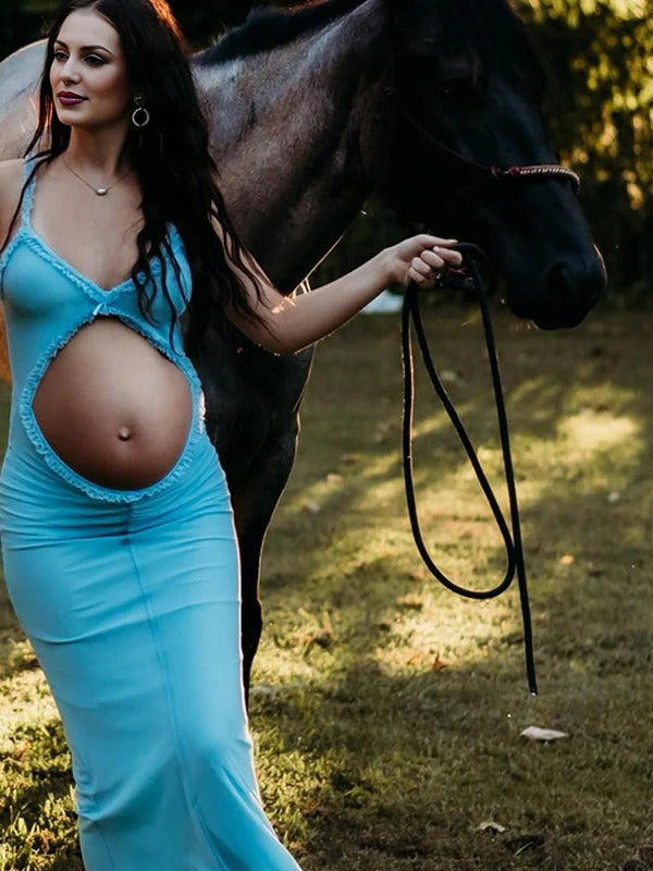 fotobeyou Blue Ruffle Falbala Bow Cut Out Sleeveless Cami Bodycon Maternity Maxi Dress