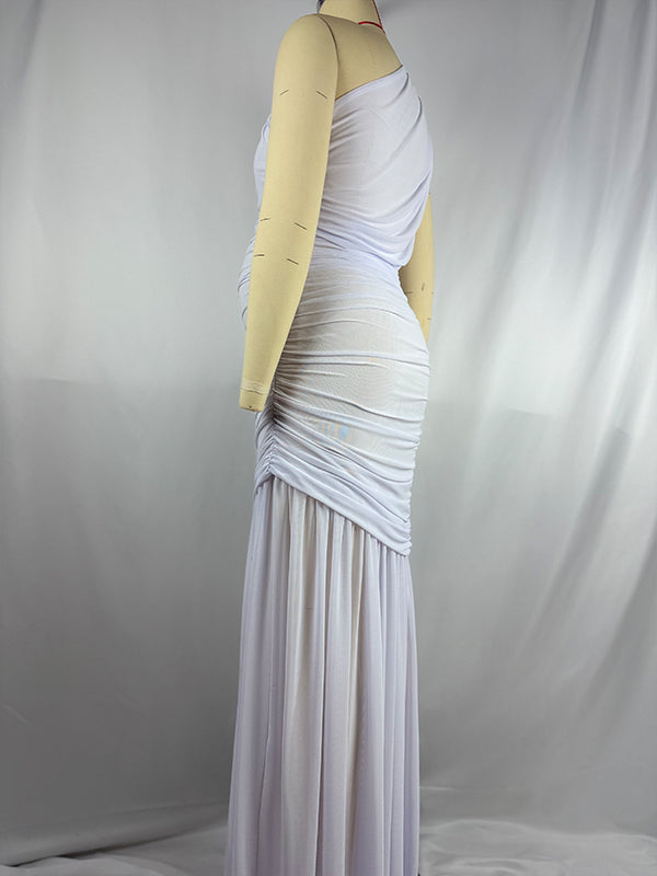 One Shoulder Mesh Ruched Mermaid Evening Gown Maternity Maxi Dress