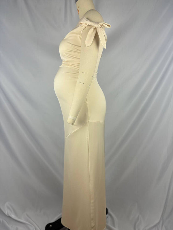 fotobeyou Off Shoulder Ruched Bow Elegant Maternity Baby Shower Maxi Dress