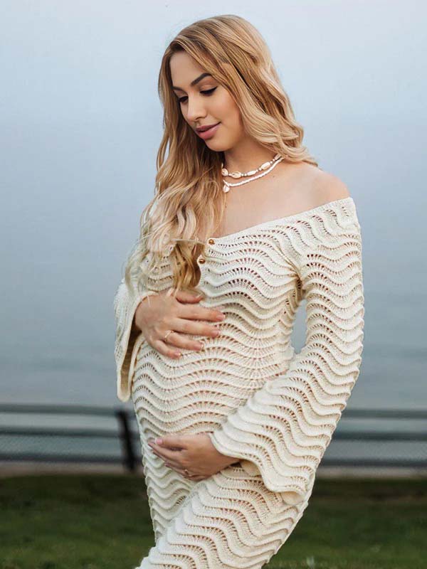 Off Shoulder Crochet Ruffle Cut Out Backless Maternity Maxi Dress