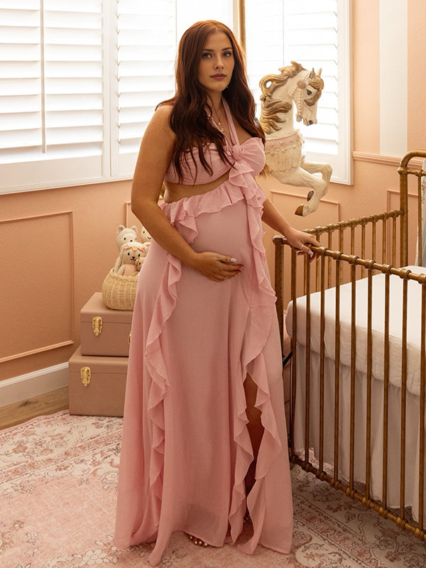 fotobeyou Pink Ruffle 3D Flower Cut Out Halter Neck Elegant Maternity Maxi Dress