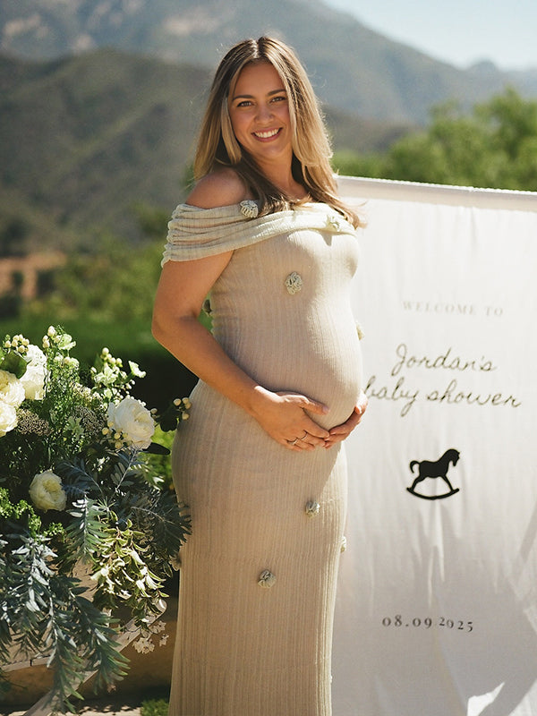 Matcha Knit 3D Flowers Off Shoulder Elegant Maternity Maxi Dress