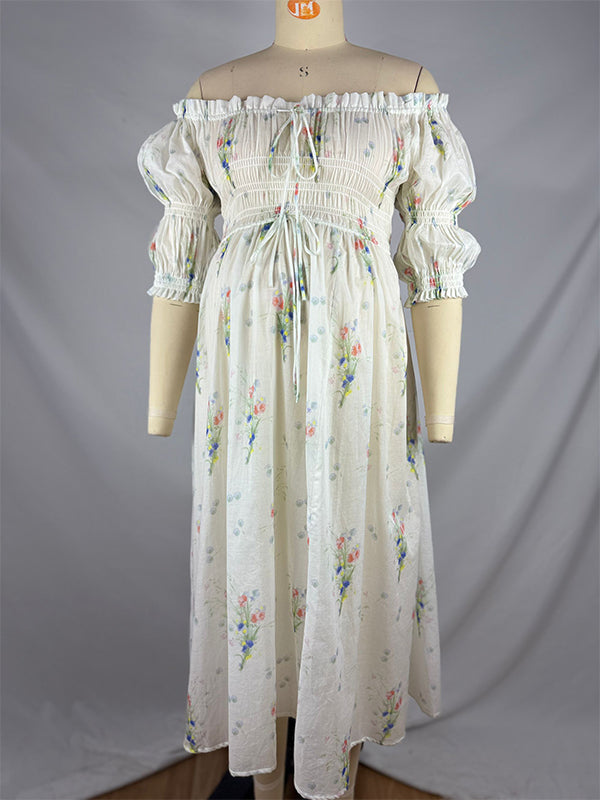 fotobeyou White Floral Smocked Tie Puff Sleeve Off Shoulder Flowy Boho Photoshoot Baby Shower Maternity Maxi Dress