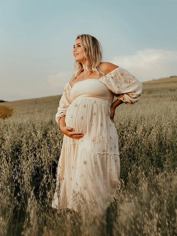 fotobeyou Apricot Daisy Print Smocked Off Shoulder Ruffle Big Swing Elegant Vacation Maternity Photoshoot Baby Shower Party Maxi Dress