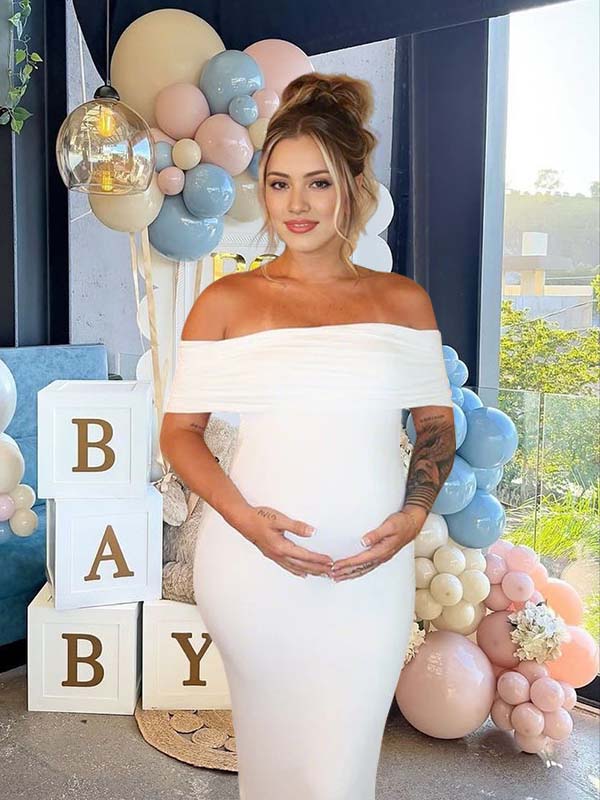 fotobeyou White Ruched Off Shoulder Backless Bodycon Elegant Maternity Gender Reveal Maxi Dress