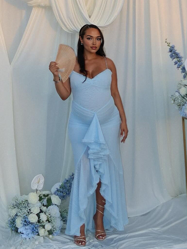 Blue Mesh Ruched Ruffle High-Low Mermaid Cami Elegant Maternity Maxi Dress