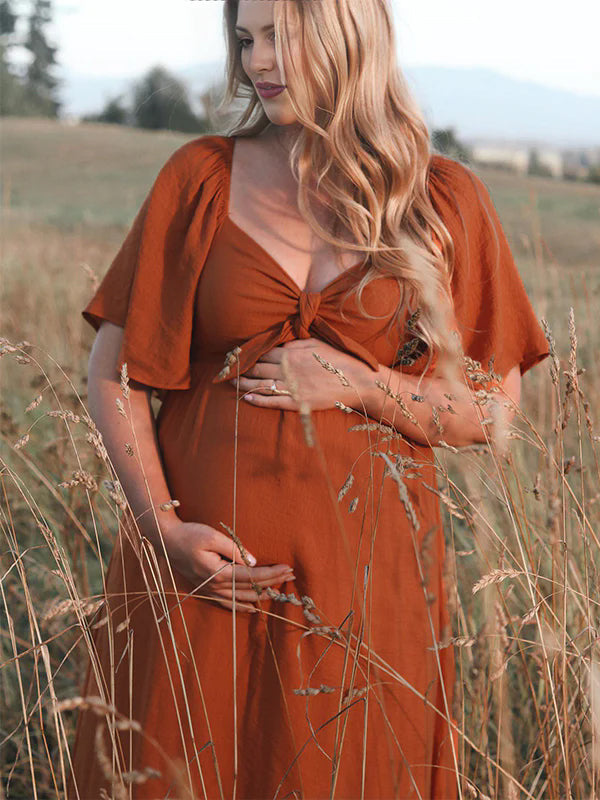 fotobeyou Bow Flutter Sleeve Solid V-neck Flowy Beach Cute Photoshoot Baby Shower Maternity Maxi Dress