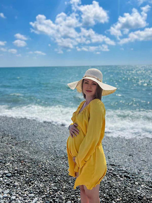 fotobeyou Yellow V neck Puff Sleeve Daily Beach Maternity Photoshoot Mini Dress