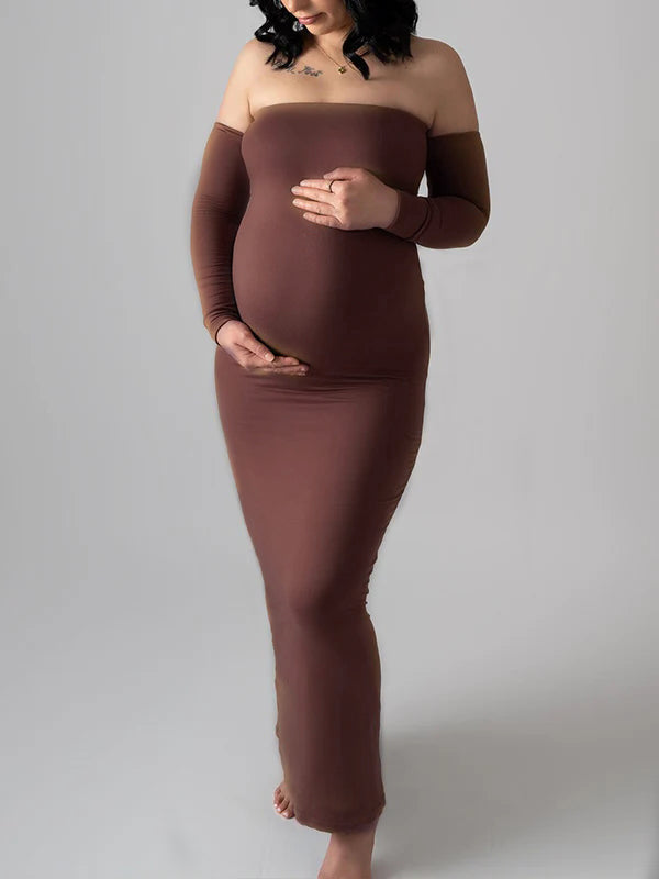 fotobeyou Brown Off Shoulder Long Sleeve Bodycon Elegant Going Out Maternity Photoshoot Baby Shower Party Maxi Dress