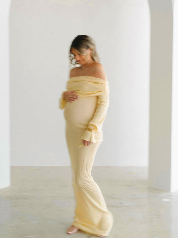 fotobeyou Yellow Knit Off Shoulder Flare Sleeve Mermaid Bodycon Elegant Vacation Photoshoot Baby Shower Maternity Maxi Dress