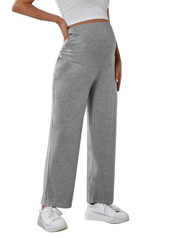 fotobeyou Solid Color Pockets Over The Belly Comfy Loose Wide Leg Cozy Casual Daily Trousers Maternity Yoga Workout Pants