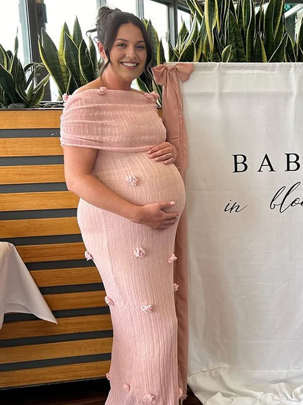 fotobeyou Grenadine Off Shoulder 3D Flowers Bodycon Elegant Photoshoot Babyshower Maternity Maxi Dress