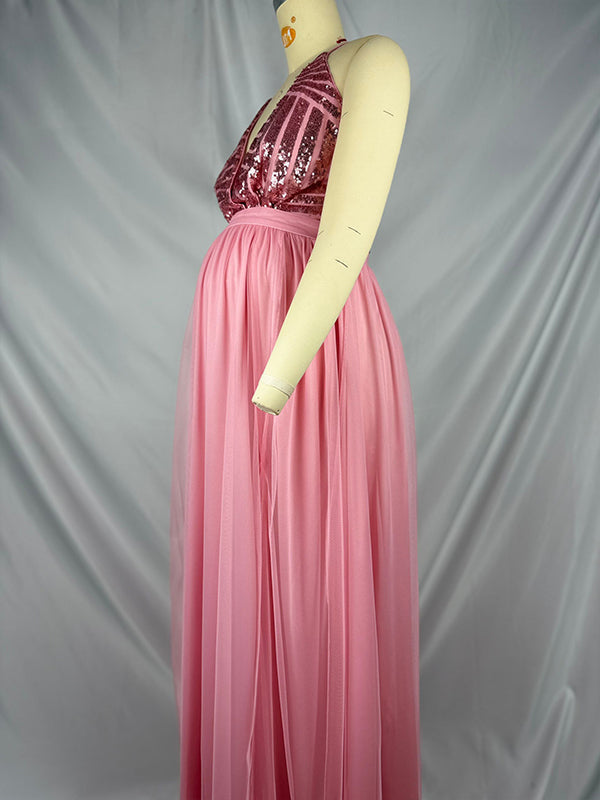fotobeyou Glitter Sequin Tulle Side Slits Big Swing Cami Backless Elegant Maternity Baby Shower Maxi Dress