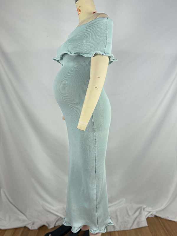fotobeyou Light Blue Knit Off Shoulder Wire Ripple Hem Bodycon Elegant Cocktail Party Maternity Baby Shower Midi Dress
