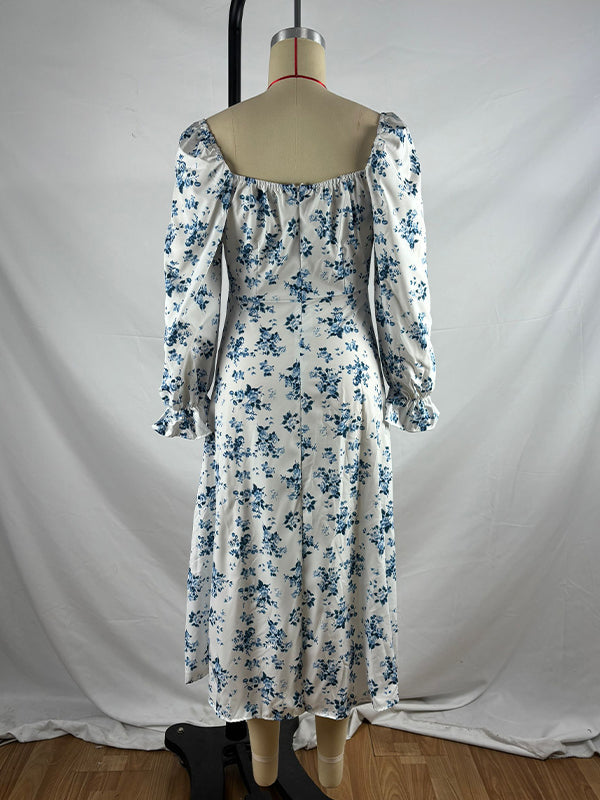 fotobeyou White And Blue Flowers Side Slit Cross Lace Up Lantern Sleeve Gendeer Reveal Baby Boy Shower Maternity Maxi Dress