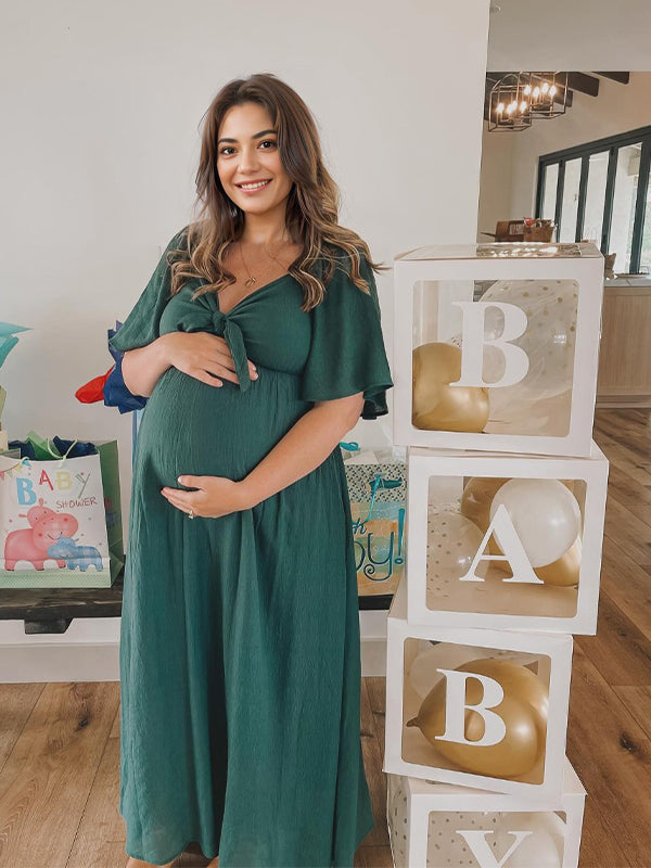 fotobeyou Bow Flutter Sleeve Solid V-neck Flowy Cute Gender Reveal Maternity Maxi Dress