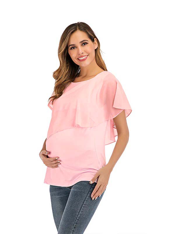 fotobeyou Solid Color Chiffon Ruffle Falbala Round Neck Short Sleeve Breastfeeding T-shirt Basic Going Out Daily Maternity Nursing Top