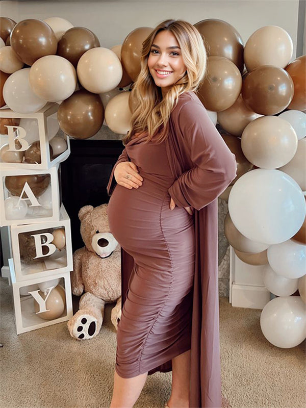 fotobeyou Ruched Cowl Neck Two Piece Spaghetti Strap Long Dress And Duster Coat Long Sleeve Babyshower Maternity Maxi Dress