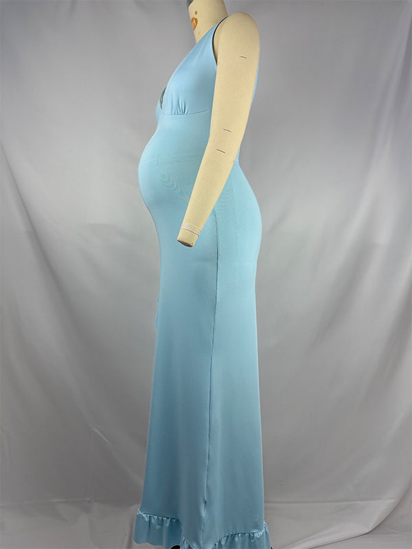 fotobeyou Blue Ruffle Side Slit Baby Boy Shower Maternity Maxi Dress