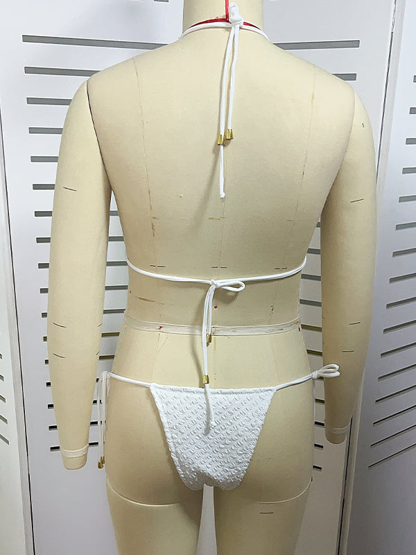 fotobeyou White Smocked Halter Neck Bikini Set Two Piece Beach Vacation Fashion Maternity Swimsuit Swimwear