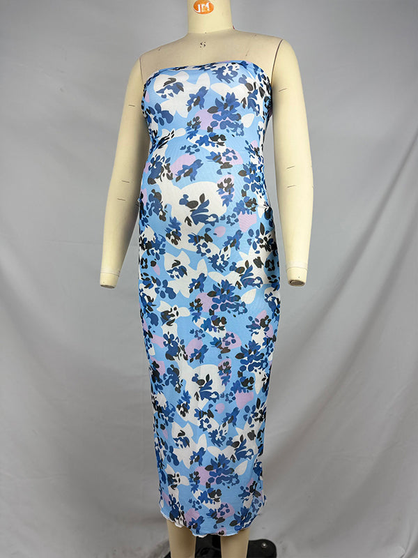 fotobeyou Blue Sleeveless Bandeau Flowers Bodycon Elegant Maternity Baby Shower Party Midi Dress