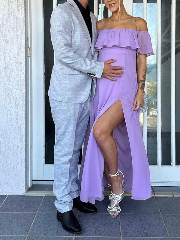 fotobeyou Flowy Chiffon Off Shoulder Ruffle Falbala Side Slit Big Swing Elegant Evening Gown Maternity Photoshoot Baby Shower Maxi Dress