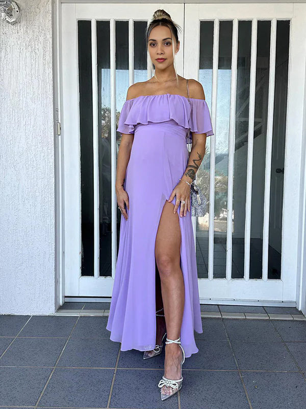 fotobeyou Flowy Chiffon Off Shoulder Ruffle Falbala Side Slit Big Swing Elegant Evening Gown Maternity Photoshoot Baby Shower Maxi Dress