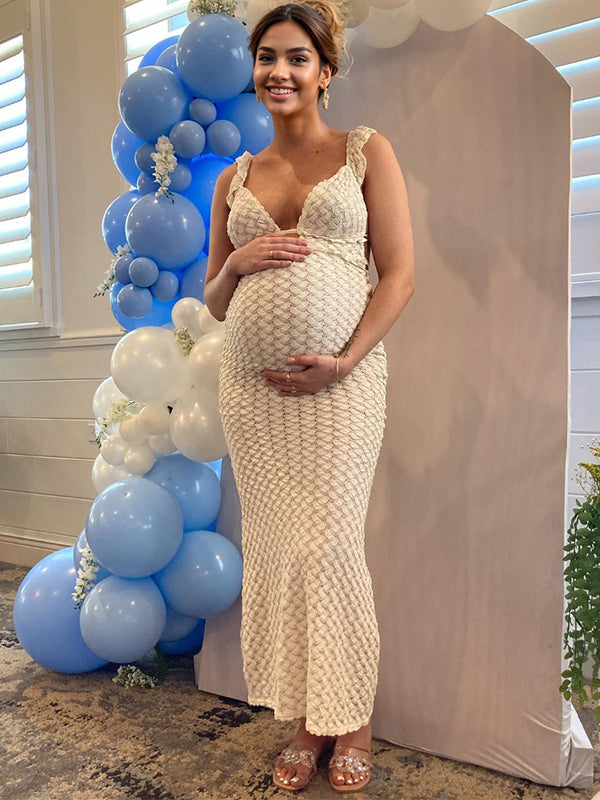 fotobeyou Apricot Cut Out Knitwear Ruffle Backless Tie Back Cocktail Party Gown V-Neck Mermaid Bodycon Elegant Babyshower Dress Photoshoot Maternity Maxi Dress