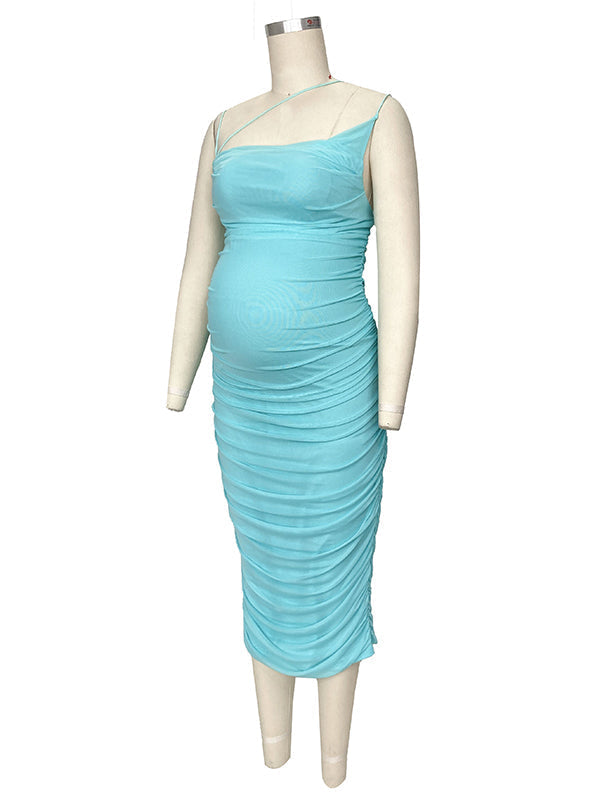 fotobeyou Spaghetti Strap Mesh Ruched Bodycon Babyshower Maternity Midi Dress
