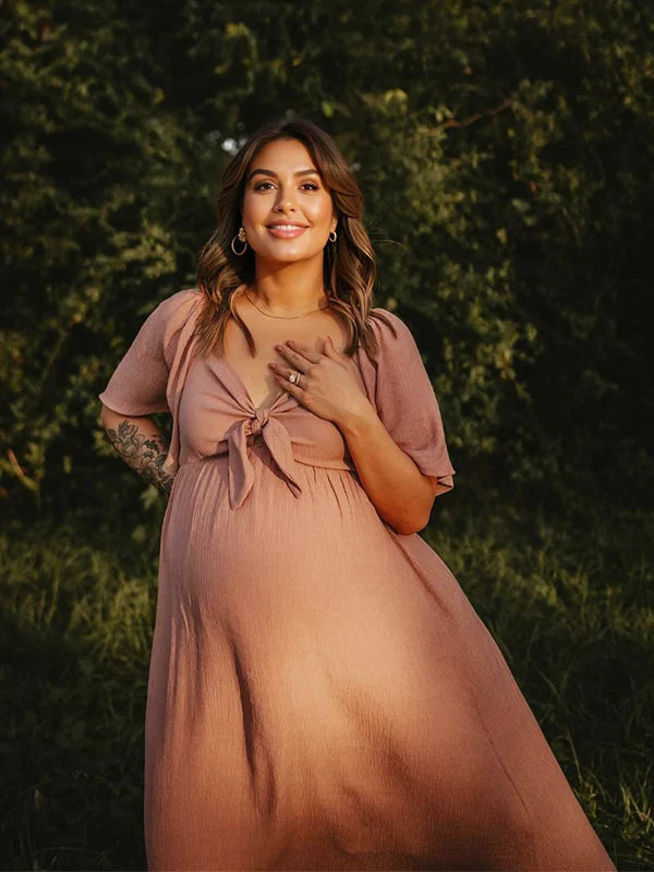 fotobeyou Bow Flutter Sleeve Solid V-neck Flowy Vacation Beach Cute Baby Shower Photoshoot Maternity Maxi Dress