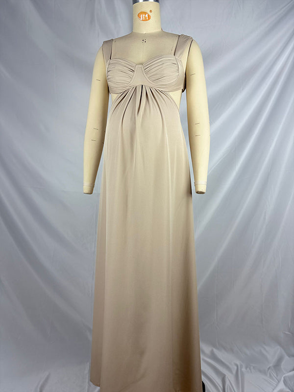 fotobeyou Apricot Backless Big Swing Flowy Elegant Photoshoot Maternity Baby Shower Maxi Dress