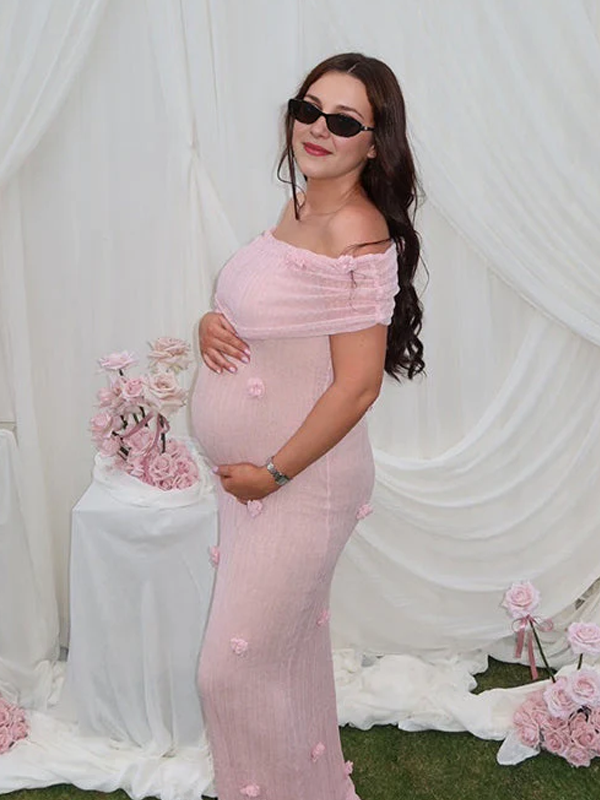 fotobeyou Grenadine Off Shoulder 3D Flowers Bodycon Elegant Photoshoot Babyshower Maternity Maxi Dress