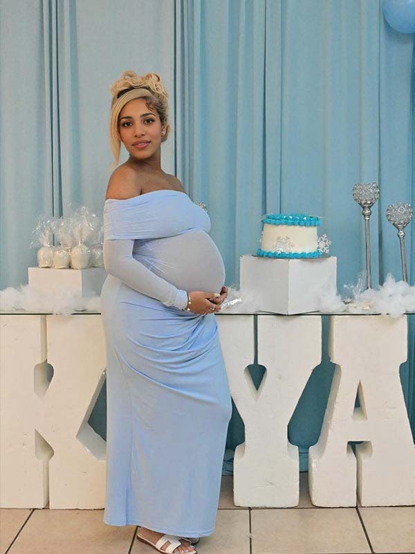 fotobeyou Blue Mesh Patchwork Off Shoulder Ruched Sheer Badycon Elegant Maternity Photoshoot Baby Shower Maxi Dress