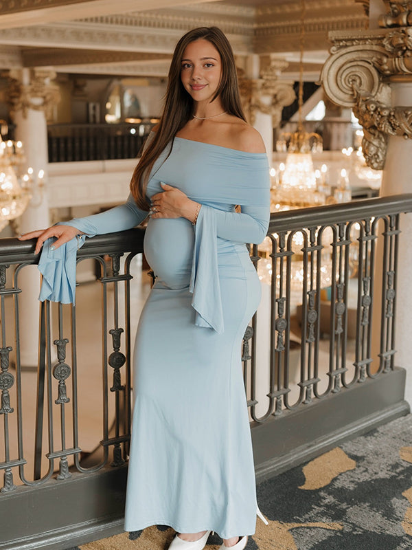 fotobeyou Off Shoulder Flutter Sleeve Maternity Baby Shower Maxi Dress