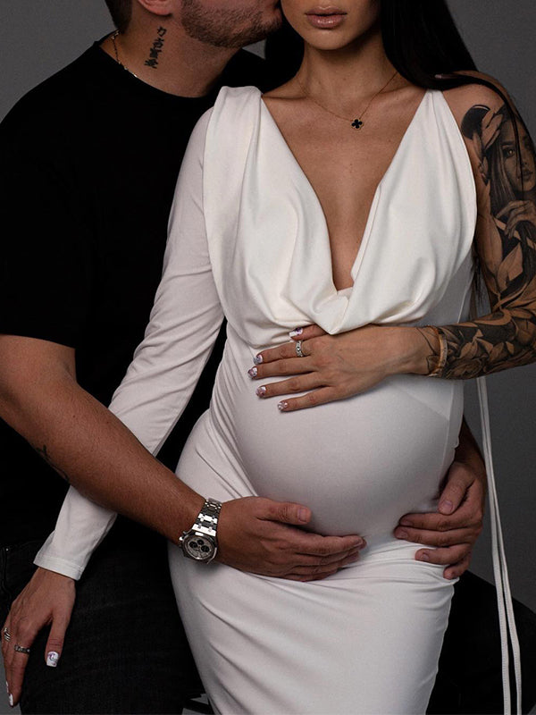fotobeyou One Sleeve Backless Tie V-neck Bodycon Elegant Evening Photoshoot Gown Baby Shower Maternity Maxi Dress