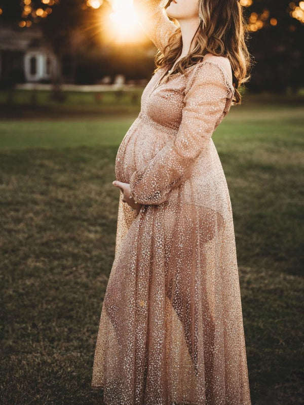 fotobeyou Belly Friendly V-neck Glitter Pleated Belt Boho Evening Photoshoot Babyshower Maternity Maxi Dress