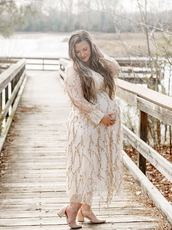 fotobeyou Apricot Sequin Tassel Tulle Ruched Cross Chest Multi Way Tie Back V-neck Elegant Boho Photoshoot Maternity Maxi Dress