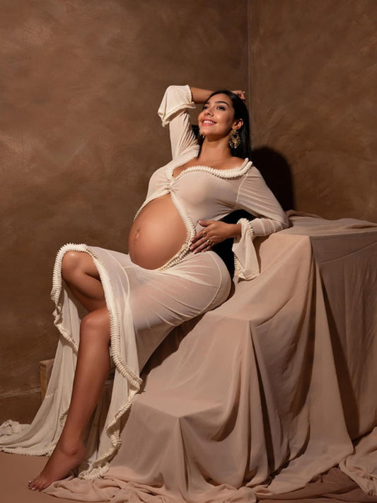fotobeyou White Ruffle Cut Out Crop Irregular Split Sheer Vacation Dress Bodycon Photoshoot Maternity Maxi Dress