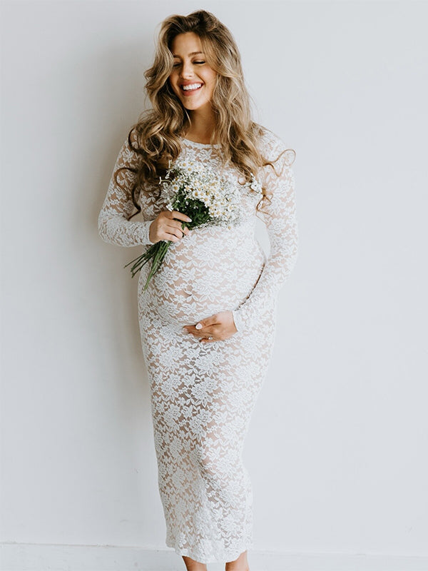 fotobeyou White Lace Sheer Bodycon Elegant Cocktail Party Maternity Baby Shower Maxi Dress