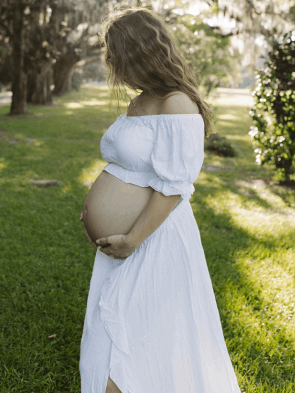fotobeyou Solid Color Off Shoulder Backless Ruffle Crop Side Slit 2-in-1 Photoshoot Maternity Maxi Dress