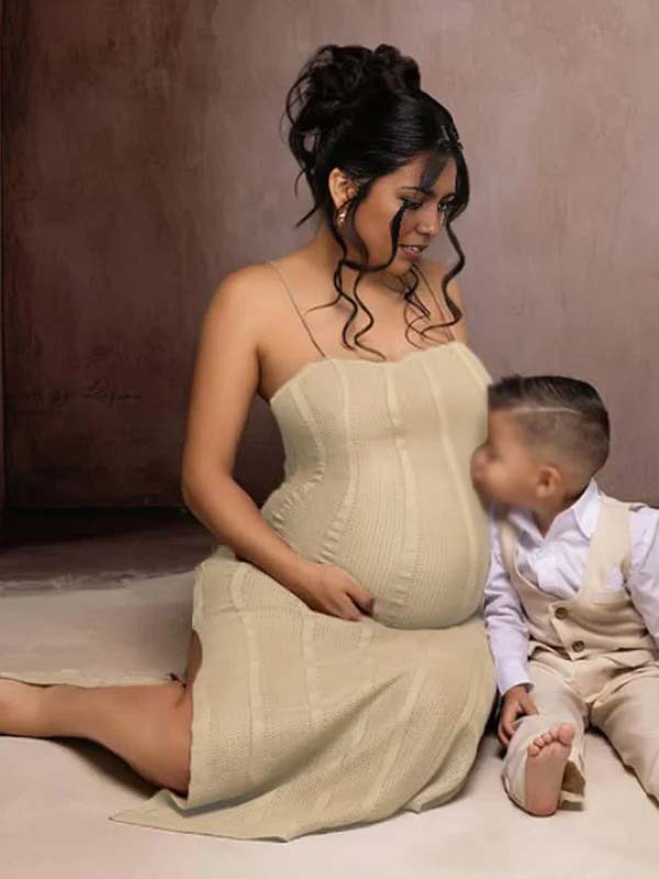 fotobeyou Beige Spaghetti Strap Striped Crochet Maternity Photoshoot Maxi Dress