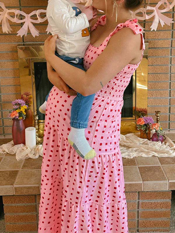 fotobeyou Bow Smocked Polka Dot Flowy Gender Reveal Baby Shower Maternity Maxi Dress