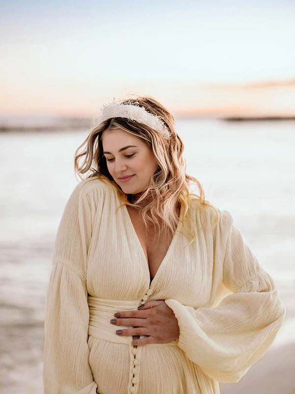 fotobeyou Ivory White Single Breasted Open Front Big Swing Deep V-neck Robe Elegant Wedding Gown Maternity Boho Photoshoot Baby Shower Maxi Dress