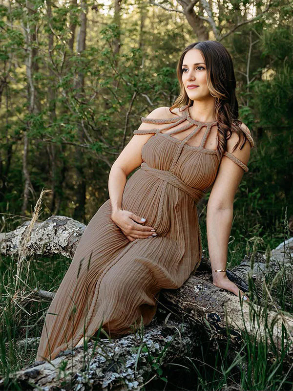 fotobeyou Solid Color Drawstring Backless Cut Out Linen Cotton Vacation Gown Photoshoot Maternity Maxi Dress